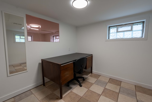 office with ornamental molding and baseboards