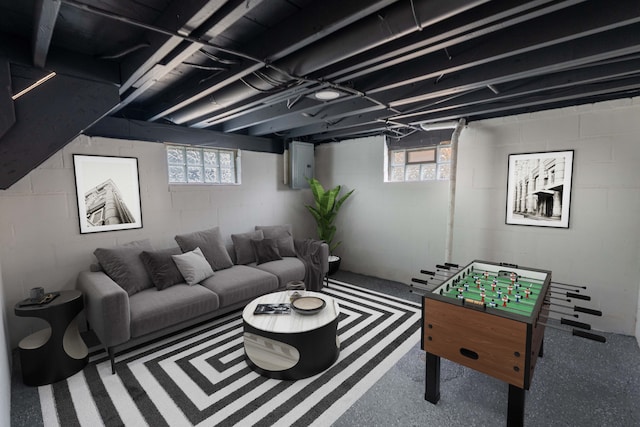 rec room with concrete block wall