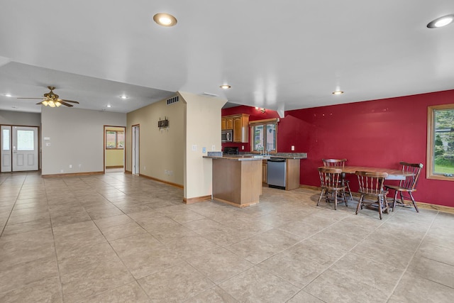 186 Goldsmith Dr, Clarklake, MI 49234 - kitchen featuring stainless steel appliances, recessed lighting, light tile patterned floors, a ceiling fan, and healthy amount of natural light