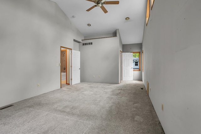 186 Goldsmith Dr, Clarklake, MI 49234 - spare room featuring carpet floors, high vaulted ceiling, and a ceiling fan
