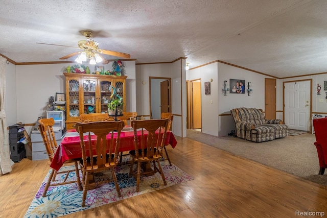 4232 Washburn Rd, Vassar, MI 48768 - dining space with a textured ceiling, ornamental molding, wood finished floors, and a ceiling fan