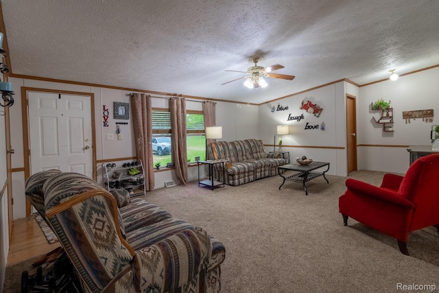 4232 Washburn Rd, Vassar, MI 48768 - carpeted living room with ornamental molding, ceiling fan, and a textured ceiling