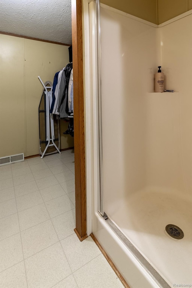 4232 Washburn Rd, Vassar, MI 48768 - bathroom featuring a stall shower, a textured ceiling, and tile patterned floors
