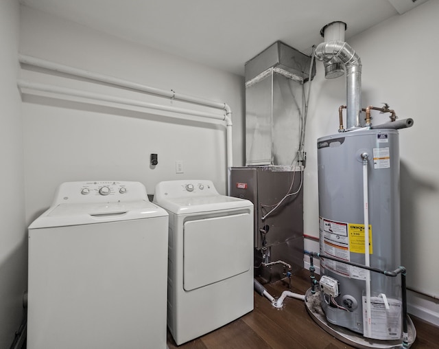 21357 Poinciana St, Southfield, MI 48033 - clothes washing area with water heater, independent washer and dryer, wood finished floors, and heating unit