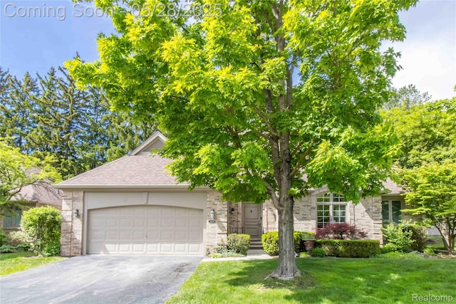 22170 Orchard Way, Beverly Hills, MI 48025 - view of property hidden behind natural elements featuring driveway, an attached garage, a front yard, stone siding, and roof with shingles