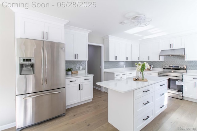 22170 Orchard Way, Beverly Hills, MI 48025 - kitchen featuring stainless steel appliances, under cabinet range hood, decorative backsplash, and light wood-style floors