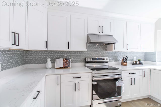 22170 Orchard Way, Beverly Hills, MI 48025 - kitchen with stainless steel electric range oven, under cabinet range hood, and white cabinets