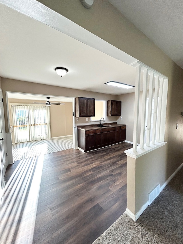 kitchen featuring dark brown cabinetry, a sink, baseboards, ceiling fan, and dark wood finished floors