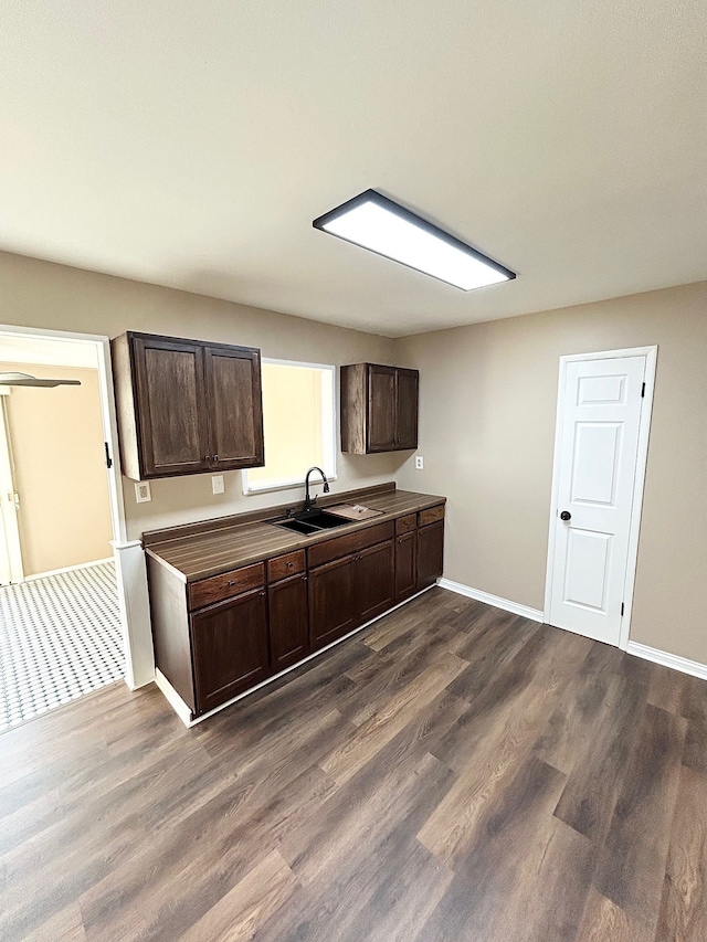 kitchen featuring a sink, dark brown cabinetry, and dark wood finished floors