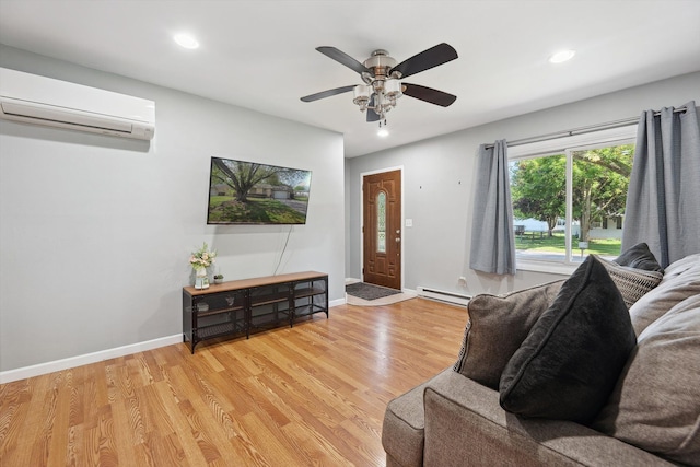 1008 Park St, Tecumseh, MI 49286 - living room featuring an AC wall unit, recessed lighting, light wood-type flooring, baseboard heating, and baseboards