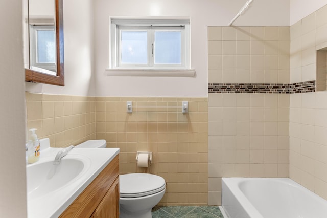 15945 Horger Ave, Allen Park, MI 48101 - full bathroom with tile walls, toilet, vanity, tile patterned floors, and a wainscoted wall