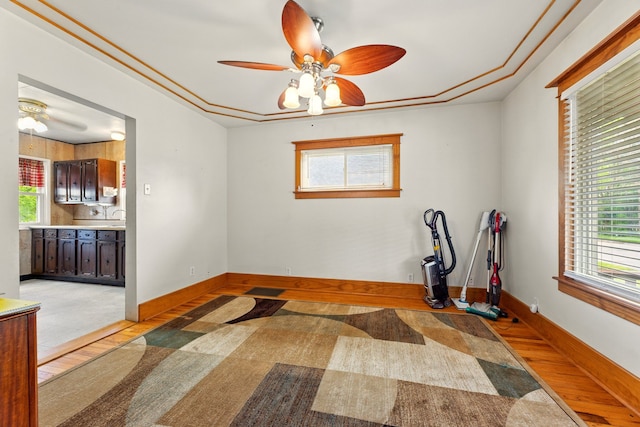 1410 12th St, Port Huron, MI 48060 - exercise room with light wood-style flooring, a ceiling fan, and baseboards