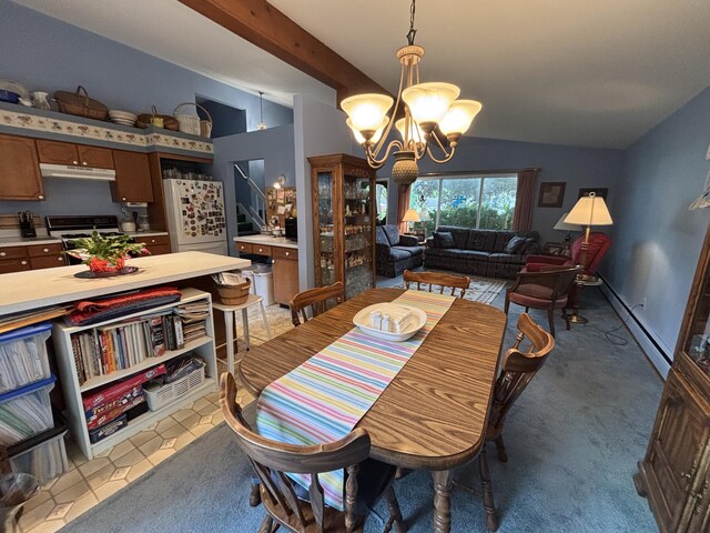 300 Maplecrest Ave, Sturgis, MI 49091 - dining space featuring a chandelier, a baseboard radiator, lofted ceiling, and light colored carpet
