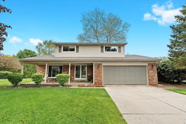 6557 N Twindale, Shelby Twp, MI 48316 - traditional home with a porch, concrete driveway, a front lawn, brick siding, and a shingled roof