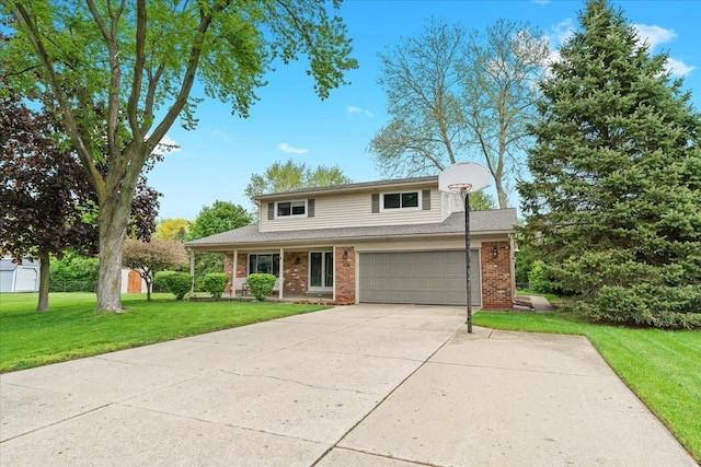 6557 N Twindale, Shelby Twp, MI 48316 - traditional-style home with brick siding, a front lawn, driveway, and covered porch