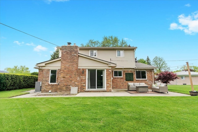 6557 N Twindale, Shelby Twp, MI 48316 - rear view of house featuring outdoor lounge area, a patio area, a lawn, and brick siding