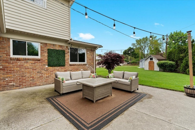 6557 N Twindale, Shelby Twp, MI 48316 - view of patio / terrace featuring an outdoor hangout area, a shed, and an outdoor structure