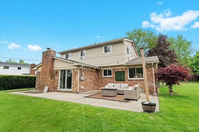6557 N Twindale, Shelby Twp, MI 48316 - back of house with outdoor lounge area, a patio area, a chimney, a lawn, and brick siding