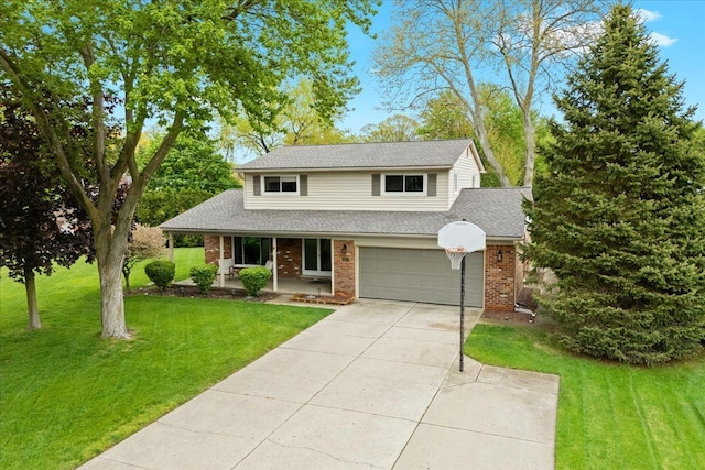 6557 N Twindale, Shelby Twp, MI 48316 - traditional-style home with a porch, brick siding, a garage, concrete driveway, and a front yard