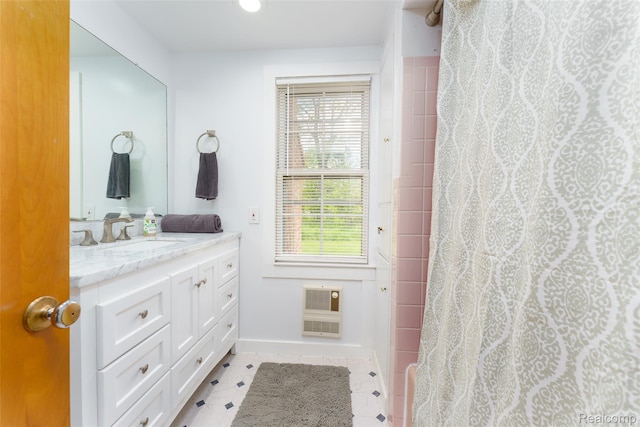 835 W Marr Rd, Howell, MI 48855 - full bathroom featuring vanity, heating unit, baseboards, and a shower with curtain