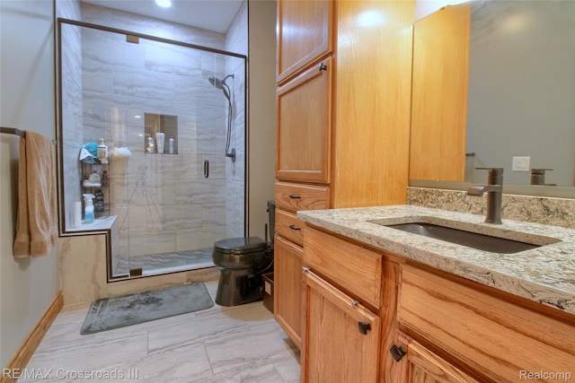 12161 Ladd Rd, Brooklyn, MI 49230 - full bath featuring toilet, vanity, a shower stall, and marble look tiles