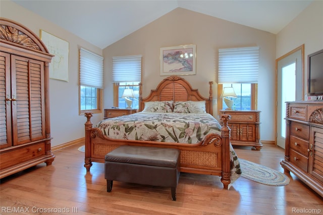 12161 Ladd Rd, Brooklyn, MI 49230 - bedroom featuring lofted ceiling, light wood-style flooring, and baseboards