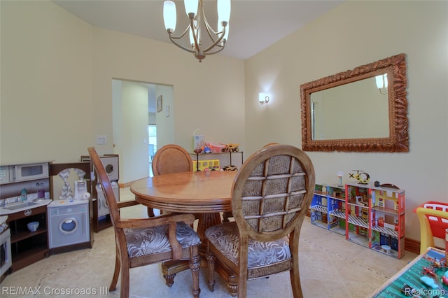 12161 Ladd Rd, Brooklyn, MI 49230 - dining room with a chandelier and light tile patterned floors