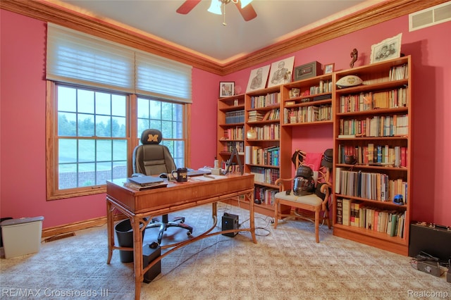 12161 Ladd Rd, Brooklyn, MI 49230 - office featuring crown molding, a ceiling fan, and carpet