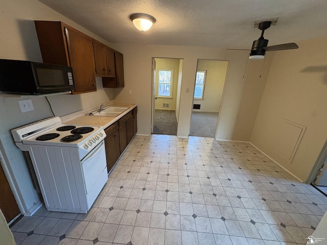 10929 S Telegraph Rd, Erie, MI 48133 - kitchen with white electric range oven, black microwave, a sink, a textured ceiling, and light countertops