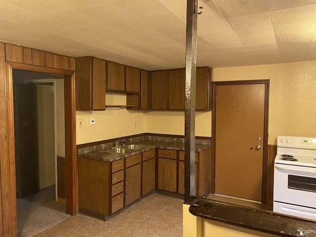 10929 S Telegraph Rd, Erie, MI 48133 - kitchen featuring electric range, a sink, light floors, dark countertops, and brown cabinets