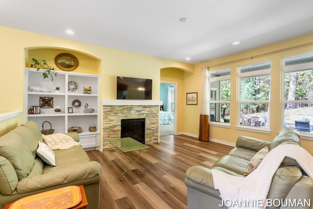 94 Cheyenne Ave, Holland, MI 49424 - living area featuring wood finished floors, a fireplace, baseboards, and recessed lighting