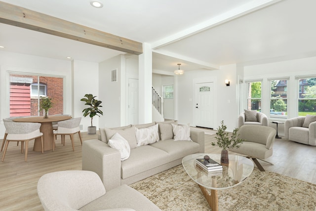 2514 Lothrop St, Detroit, MI 48206 - living room with stairway, recessed lighting, light wood finished floors, and beam ceiling