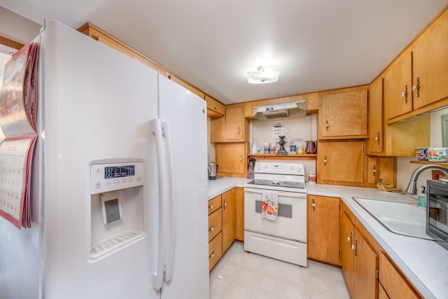 16545 Lonesome Trl, Leroy, MI 49655 - kitchen with white appliances, light countertops, open shelves, a sink, and light flooring