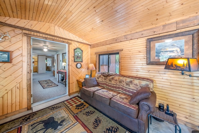 16545 Lonesome Trl, Leroy, MI 49655 - living area with vaulted ceiling, wooden walls, and wooden ceiling