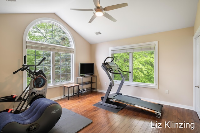 966 Timber Winds Dr SW, Grand Rapids, MI 49534 - workout area featuring a ceiling fan, lofted ceiling, baseboards, and hardwood / wood-style floors