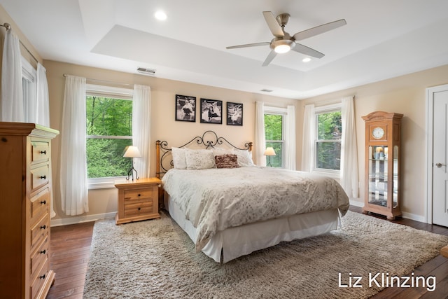 966 Timber Winds Dr SW, Grand Rapids, MI 49534 - bedroom featuring a raised ceiling, wood-type flooring, baseboards, a ceiling fan, and access to outside