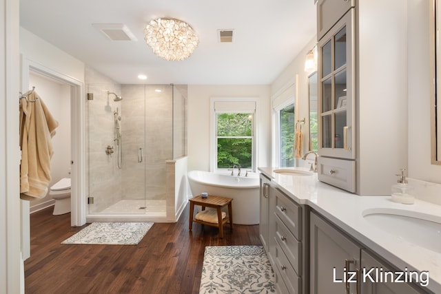 966 Timber Winds Dr SW, Grand Rapids, MI 49534 - bathroom with a shower stall, a freestanding bath, wood finished floors, double vanity, and toilet