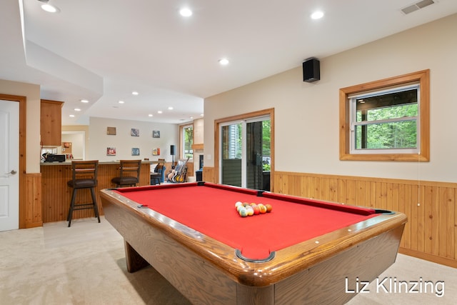 966 Timber Winds Dr SW, Grand Rapids, MI 49534 - playroom with a wainscoted wall, wooden walls, pool table, recessed lighting, and light carpet