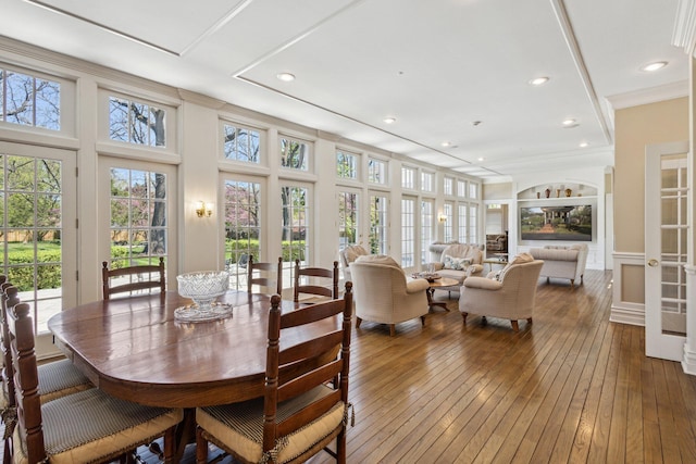 602 N Kalamazoo Ave, Marshall, MI 49068 - dining space featuring wood-type flooring, ornamental molding, recessed lighting, and built in features