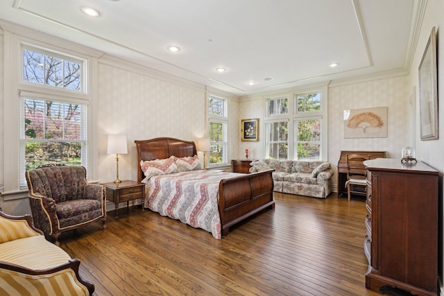 602 N Kalamazoo Ave, Marshall, MI 49068 - bedroom with wallpapered walls, crown molding, multiple windows, dark wood-type flooring, and recessed lighting