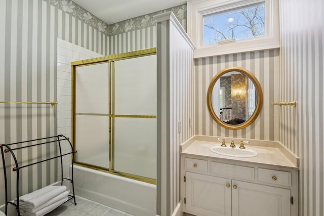 602 N Kalamazoo Ave, Marshall, MI 49068 - bathroom with bath / shower combo with glass door, wallpapered walls, and vanity
