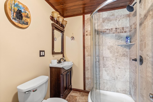2495 Stitt Rd, Mio, MI 48647 - full bath featuring wooden ceiling, a shower stall, vanity, and toilet