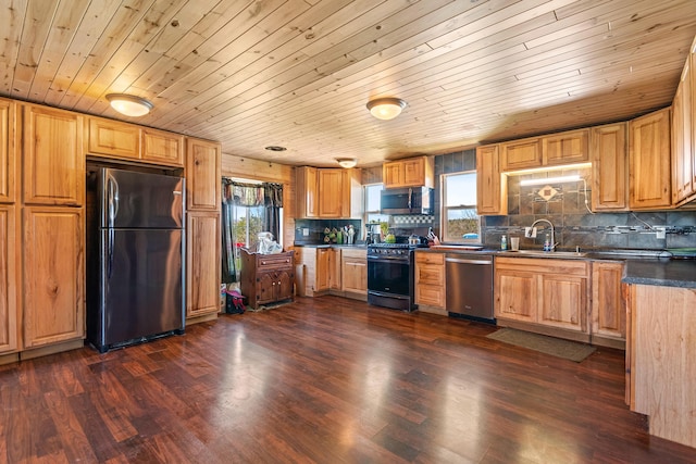 2495 Stitt Rd, Mio, MI 48647 - kitchen with black appliances, a sink, dark countertops, plenty of natural light, and wooden ceiling