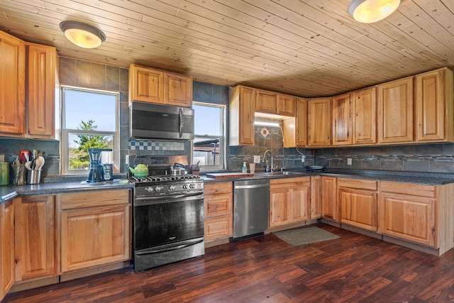 2495 Stitt Rd, Mio, MI 48647 - kitchen featuring appliances with stainless steel finishes, a sink, backsplash, dark countertops, and wood ceiling