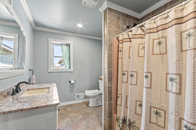 2495 Stitt Rd, Mio, MI 48647 - bathroom featuring toilet, baseboards, vanity, a shower with shower curtain, and ornamental molding