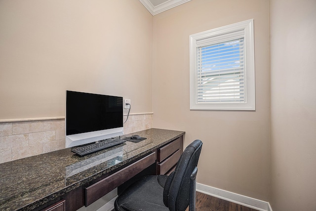 2380 Avalon Woods Dr, Portage, MI 49024 - office area with ornamental molding, baseboards, and dark wood-style flooring