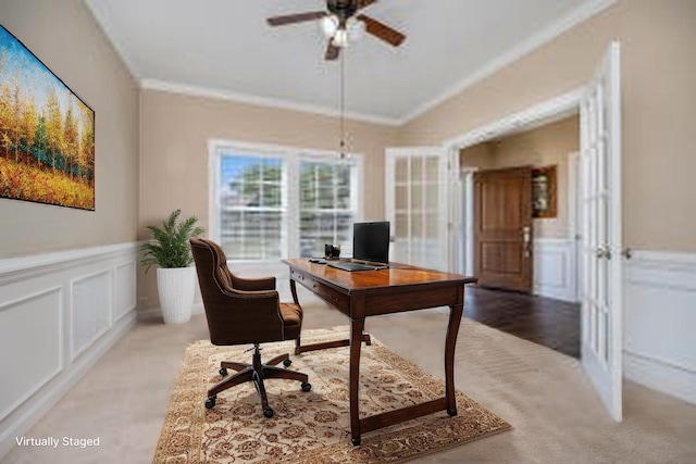 2380 Avalon Woods Dr, Portage, MI 49024 - office area with a decorative wall, crown molding, ceiling fan, a wainscoted wall, and light carpet