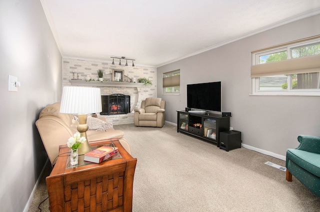 3488 Hilton Estates Dr, Brighton, MI 48114 - living area featuring carpet, baseboards, a brick fireplace, and ornamental molding