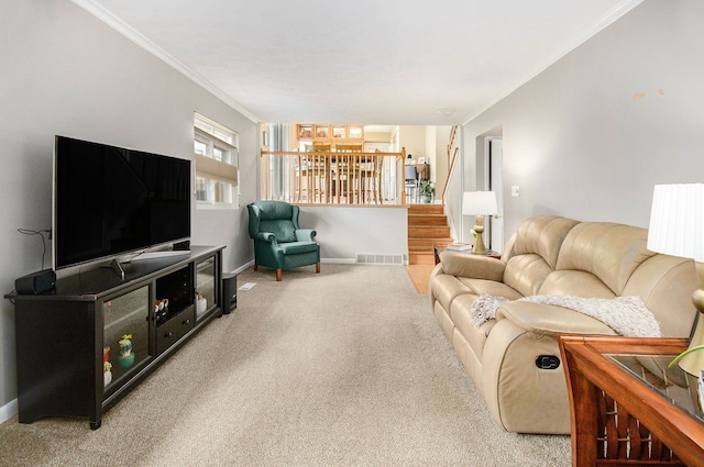 3488 Hilton Estates Dr, Brighton, MI 48114 - carpeted living area featuring crown molding, stairs, and baseboards