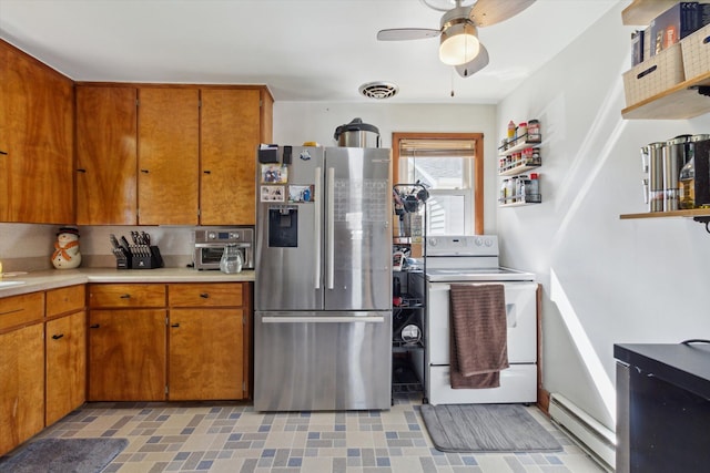 716 Allen St, Caro, MI 48723 - kitchen with stainless steel fridge with ice dispenser, white range with electric cooktop, a baseboard heating unit, light countertops, and brown cabinetry
